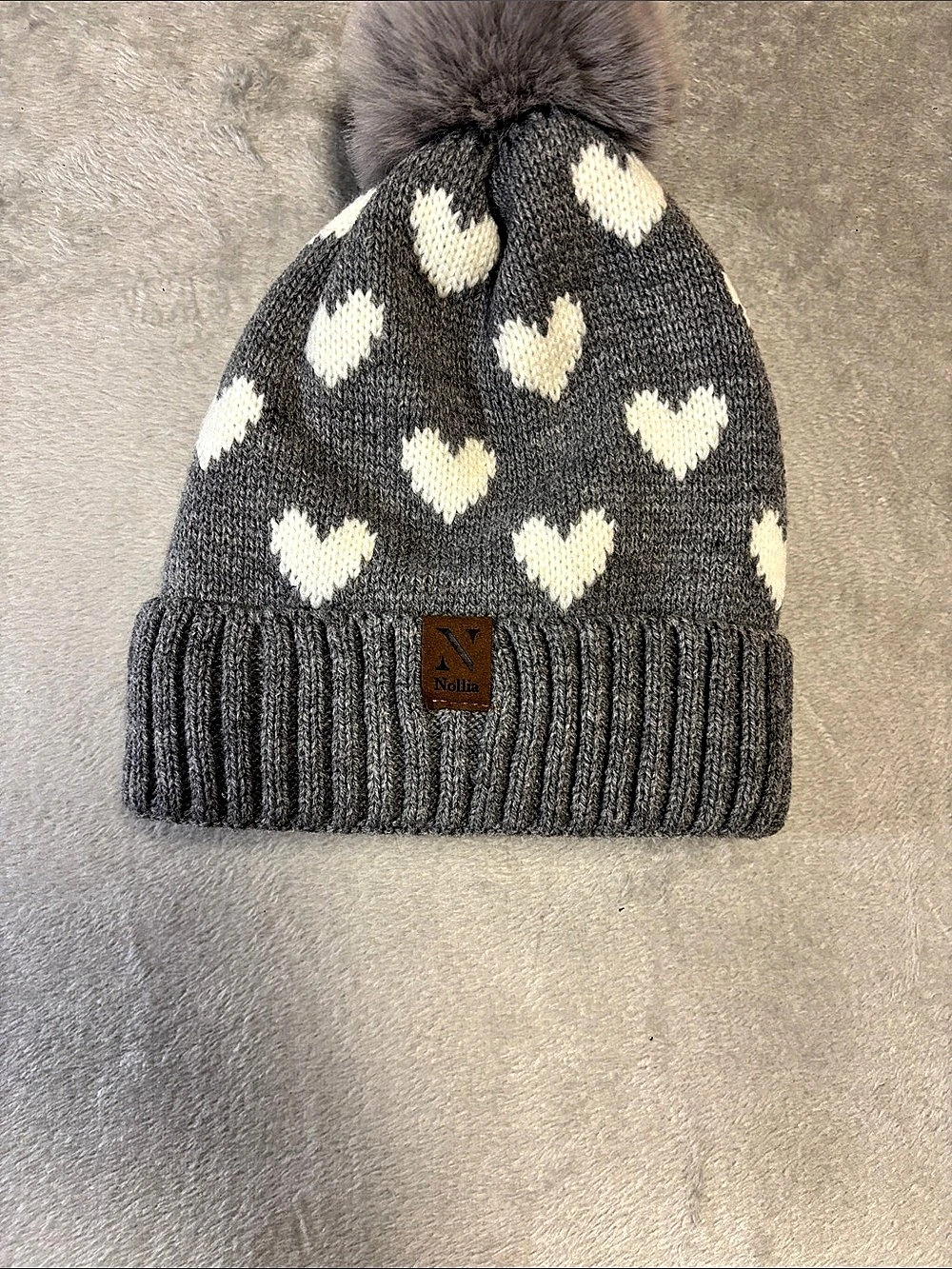 Nollia Gray & White Heart Pom Beanie Like New